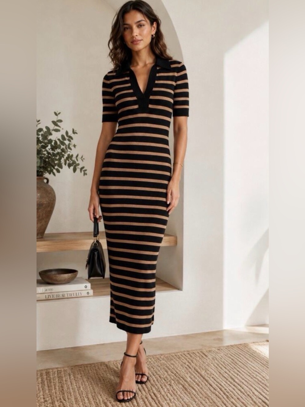 CAROLINE CONSTAS Ribbed Knit Midi Polo Dress Black and Tan Stripe L